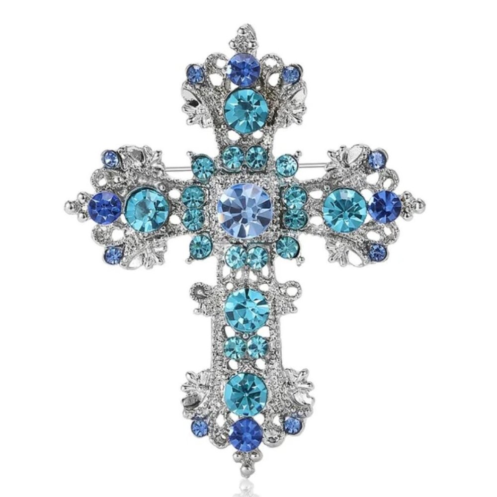 Silver Tone Cross Brooch With Blue Iridescent Rhinestones